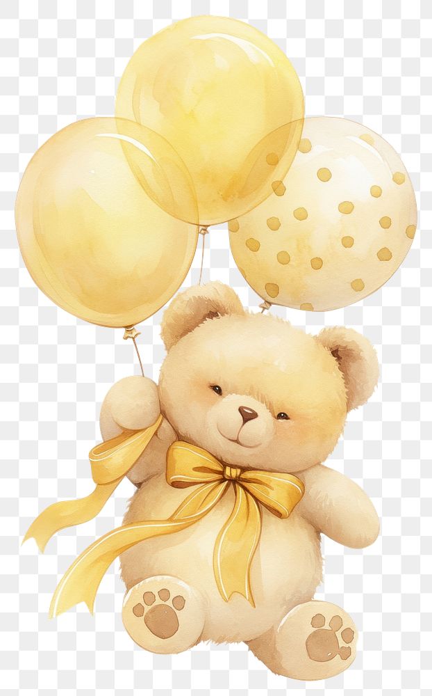 PNG Yellow coquette cute teddy bear holding balloons illustration watercolor ribbon.