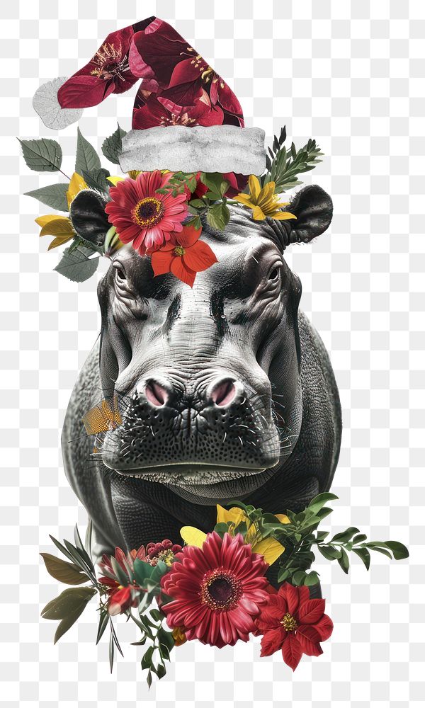 PNG Flower Collage hippo wearing Santa hat illustration elements pattern.