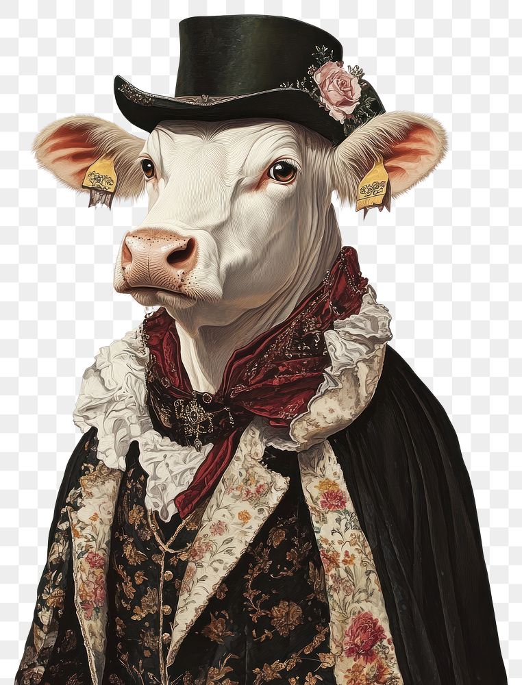 PNG Cow costumes wearing victorian fashion outfit animal human illustration.