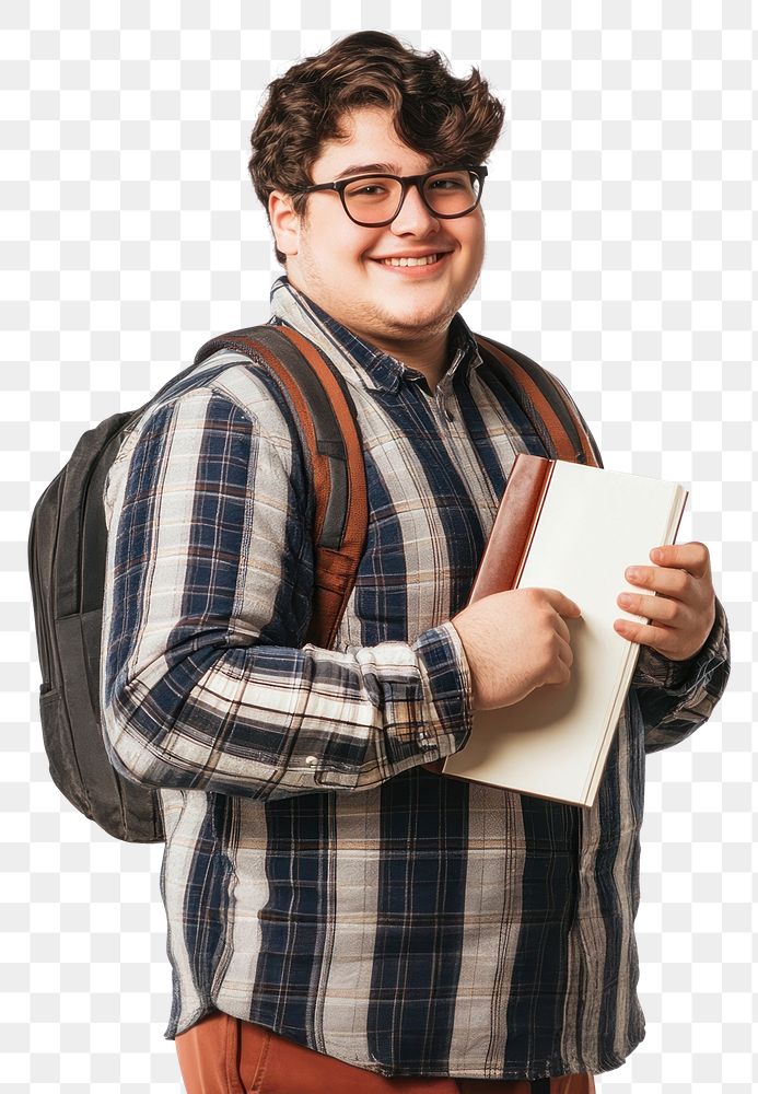 PNG Student backpack portrait glasses.