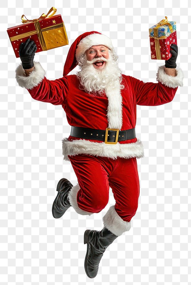 PNG Santa jumping holding gift christmas apparel happy.