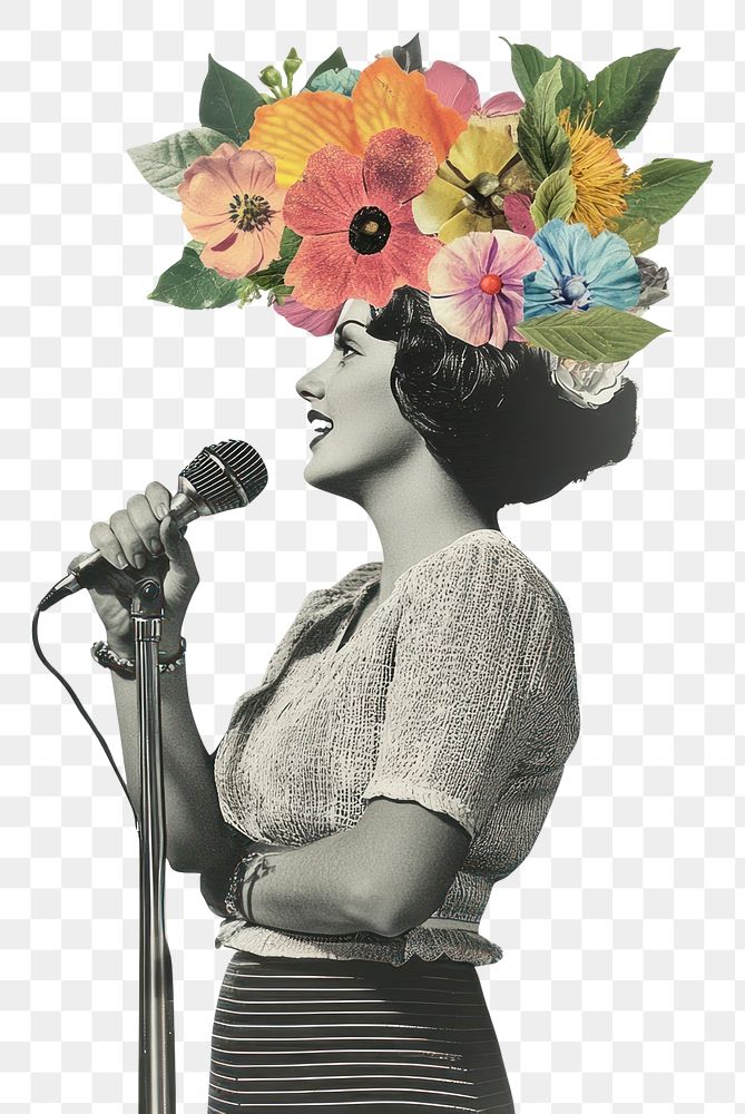 PNG Paper collage of woman holding a mic flowers microphone vintage.