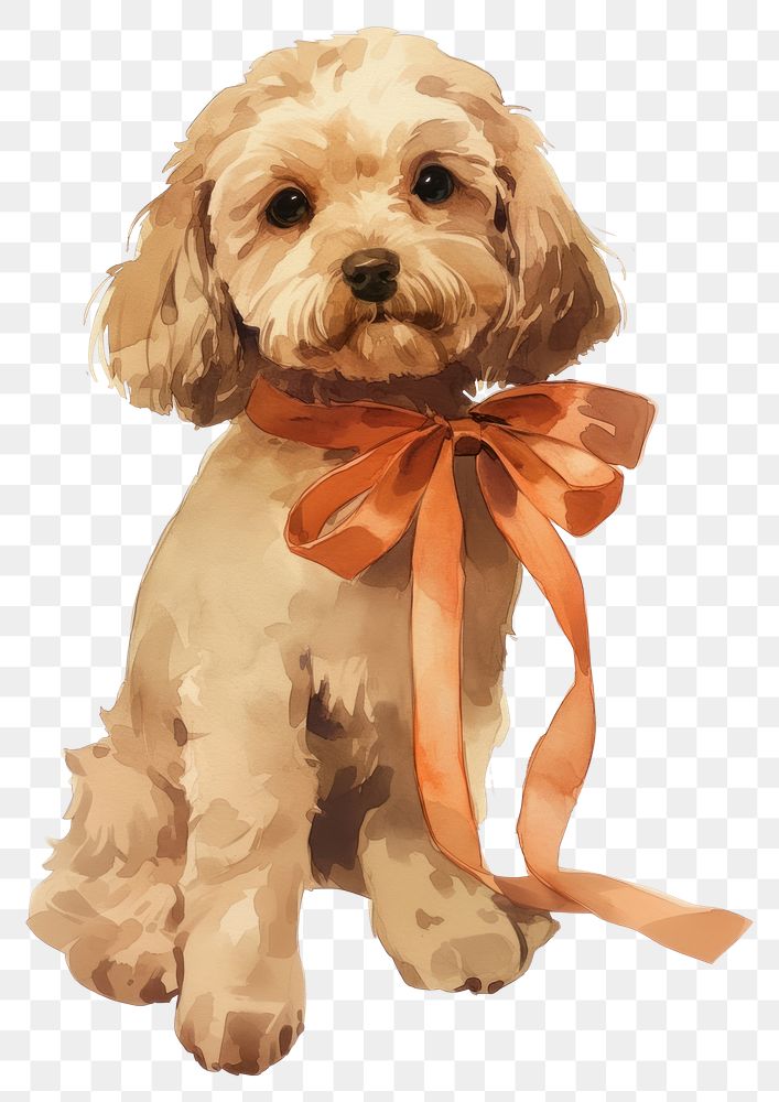 PNG Brown coquette dog illustration watercolor ribbon.