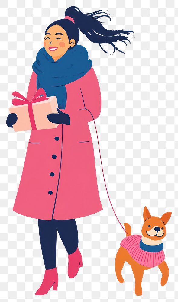 PNG Asian woman joyfully and holding with christmas gift and walking a dog coat illustration clothing.