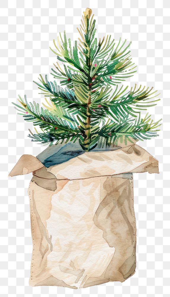 PNG A Pine tree in a paper bag christmas illustration watercolor.