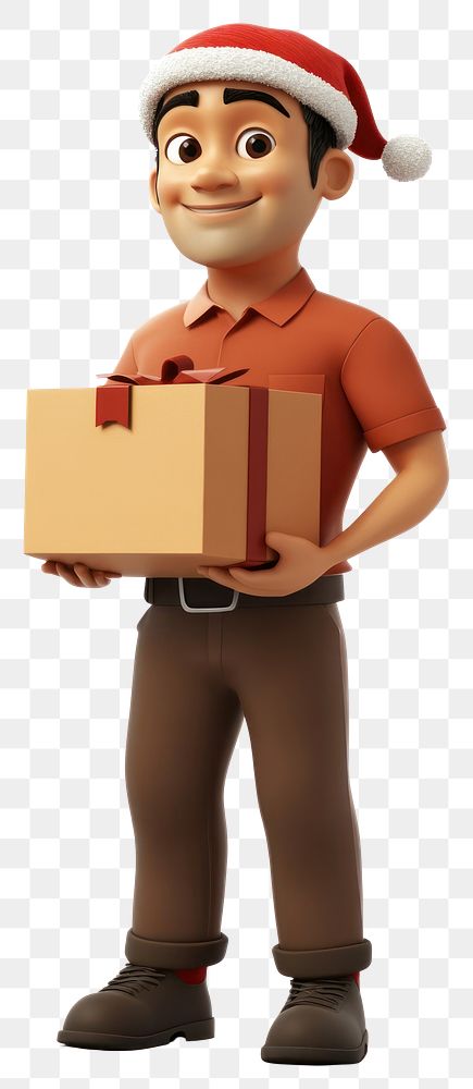 PNG Delivery guy wearing santa hat character box celebration.