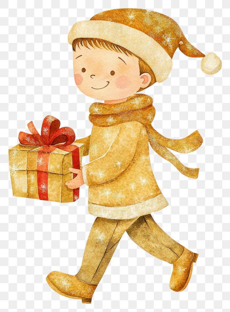 PNG Christmas boy holding present christmas colors illustration.