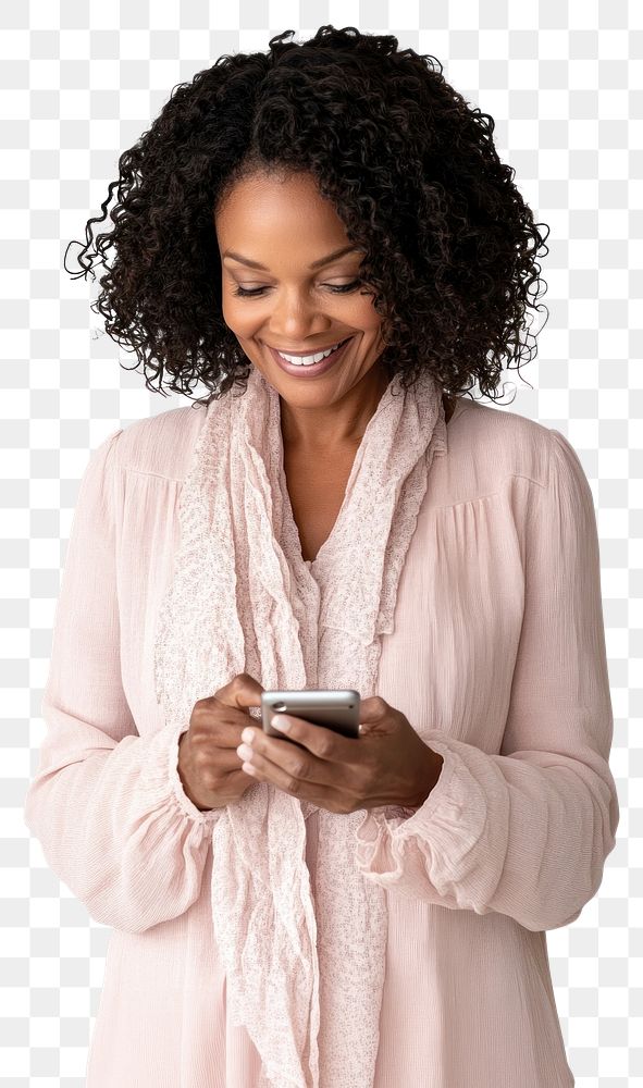 PNG An African middle-aged woman background texting smiling.