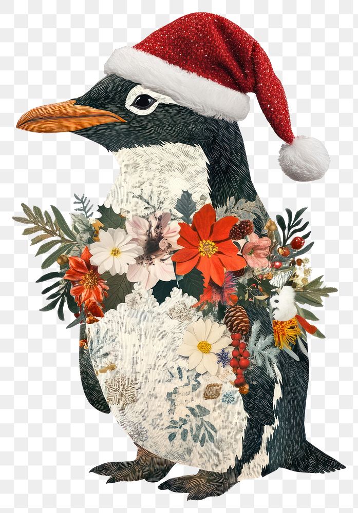 PNG Flower Collage Penguin wearing Santa hat illustration christmas pattern.