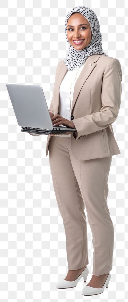 PNG Muslim businesswoman laptop professional standing.