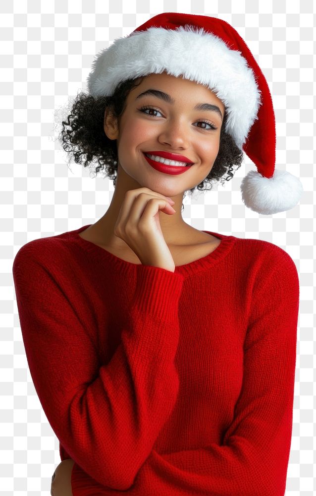 PNG Woman wearing Christmas-themed and a Santa hat sweater happy expression.