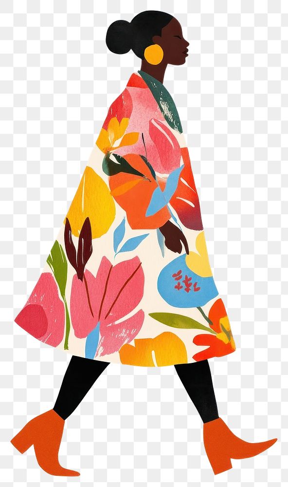 PNG Floral memphis woman walking fashion vibrant colors.