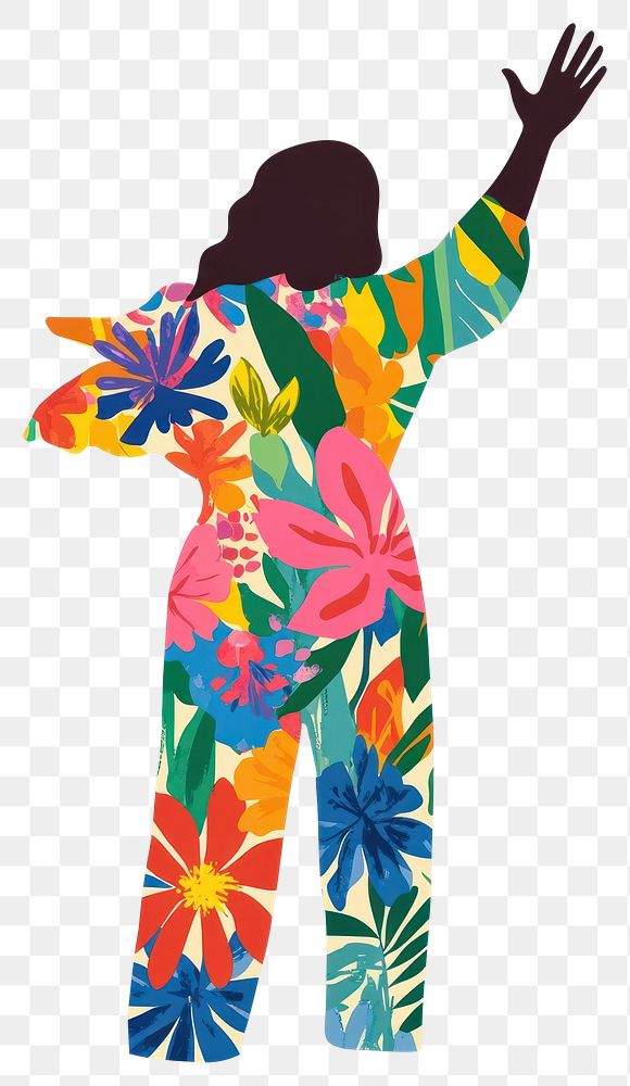 PNG Floral memphis woman waving hand silhouette vibrant person.