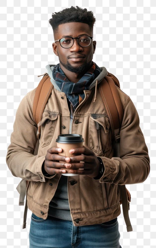 PNG Young american african man with backpack holding smart phone and coffee portrait jacket photo.