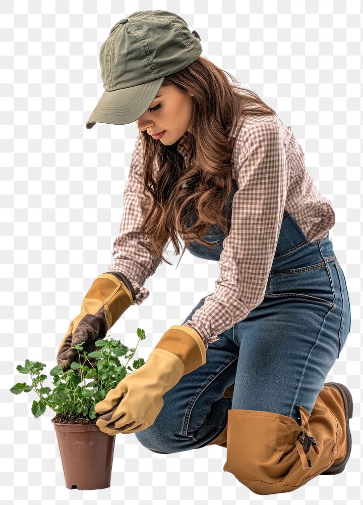 PNG Gardener planting flower gloves gardening outdoors.