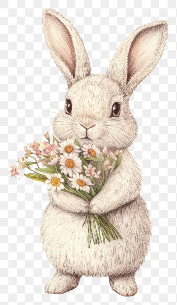 PNG Easter rabbit illustration flowers bouquet.