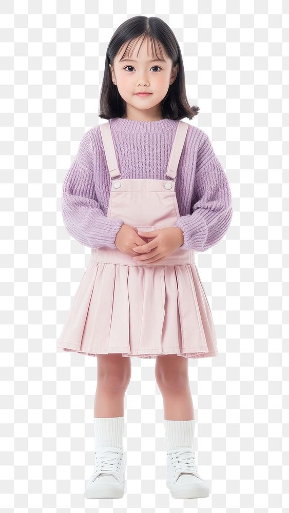 PNG Full body of young girl wearing light pink skirt overalls child portrait sneakers.