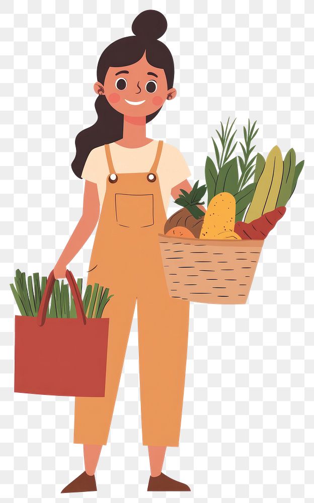 PNG Woman grocery shopping illustration produce basket.