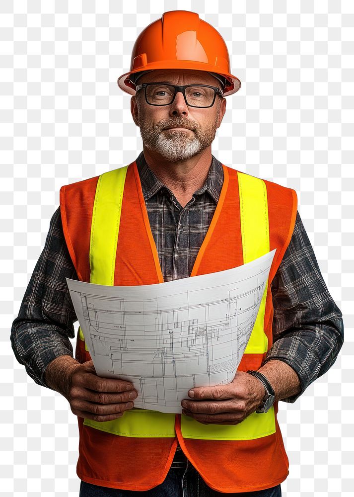 PNG Middle-Aged Engineer vest blueprint engineer.