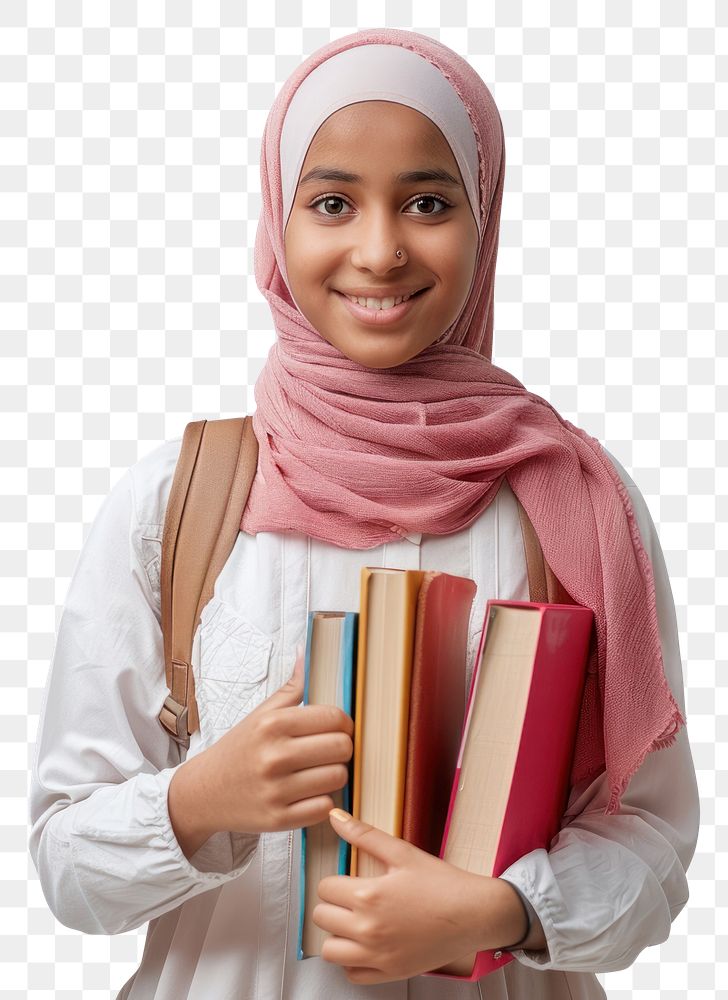 PNG Young muslim girl student smile confident.