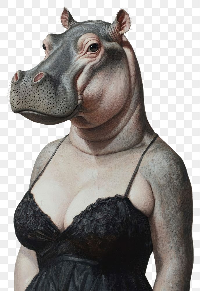 PNG A female Hippopotamus wearing witha spaghetti strap dress black dress as in painting Madame X by Singer Sargent animal…