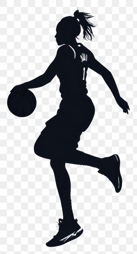 PNG Silhouette of female basketball player sports black white.