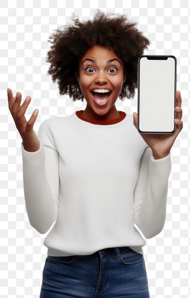 PNG Hand showing phone woman happy surprised.