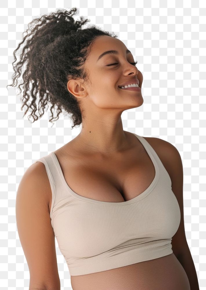 PNG A happy woman in modest intimate yoga apparel smile face contentment.