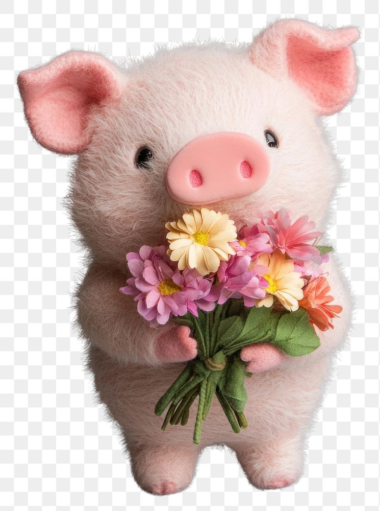 PNG Pig plush pig flowers holding.