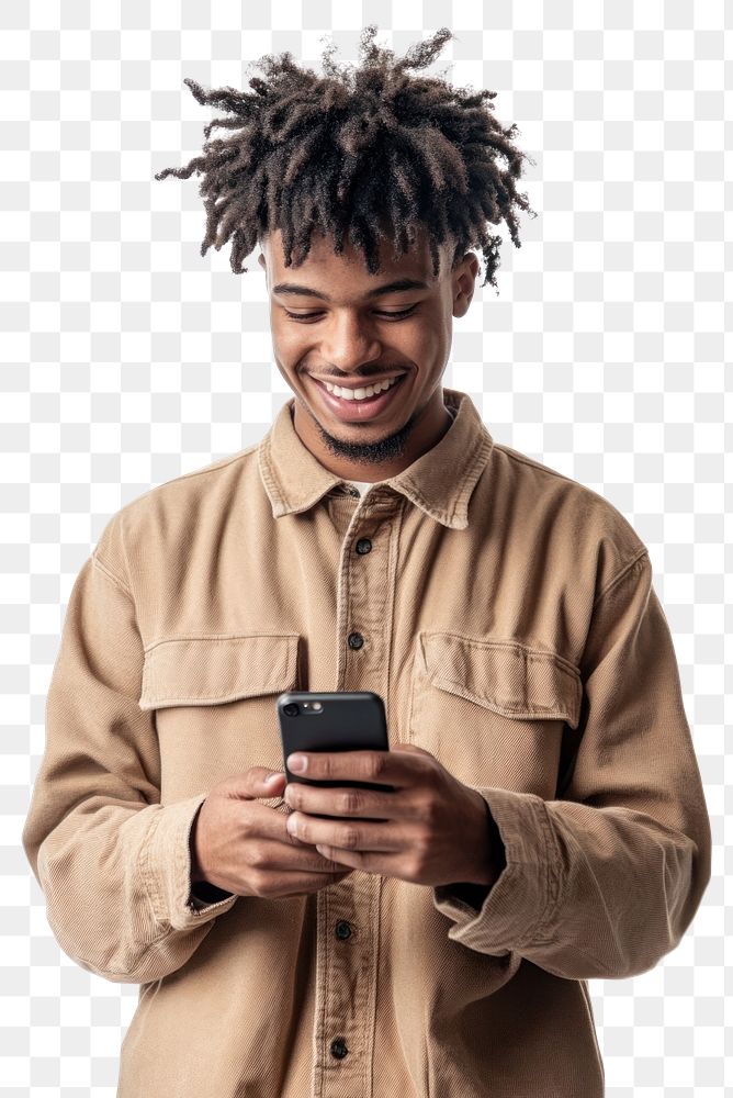 PNG Young man is smiling while looking at his phone happy male communication.