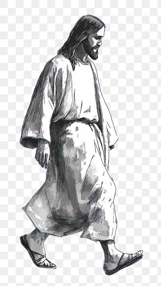 PNG Jesus walking on the street illustration drawing sketch.