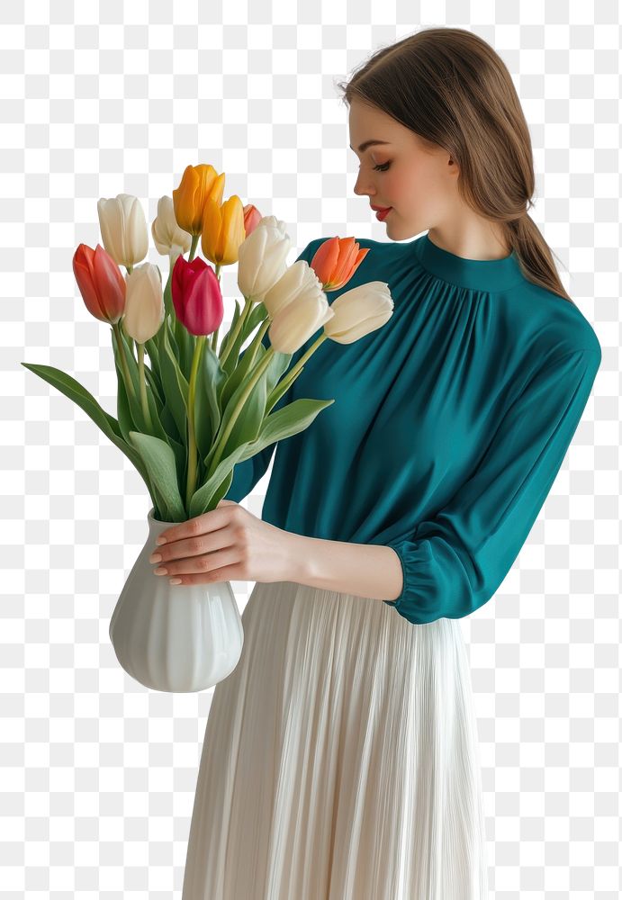 PNG Woman in a teal blouse and white skirt elegant flowers tulips.