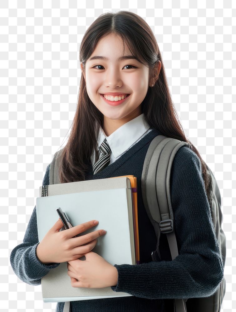 PNG Happy asian school girl backpack student uniform.