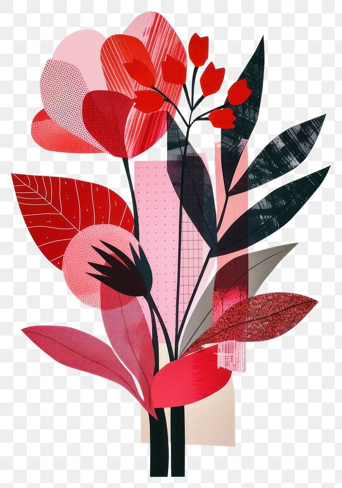 PNG Bouquet retro paper collage painting flowers leaves.