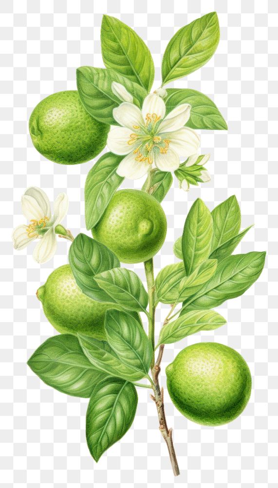 PNG Green lime branch with flower green lime illustration botanical leaves.