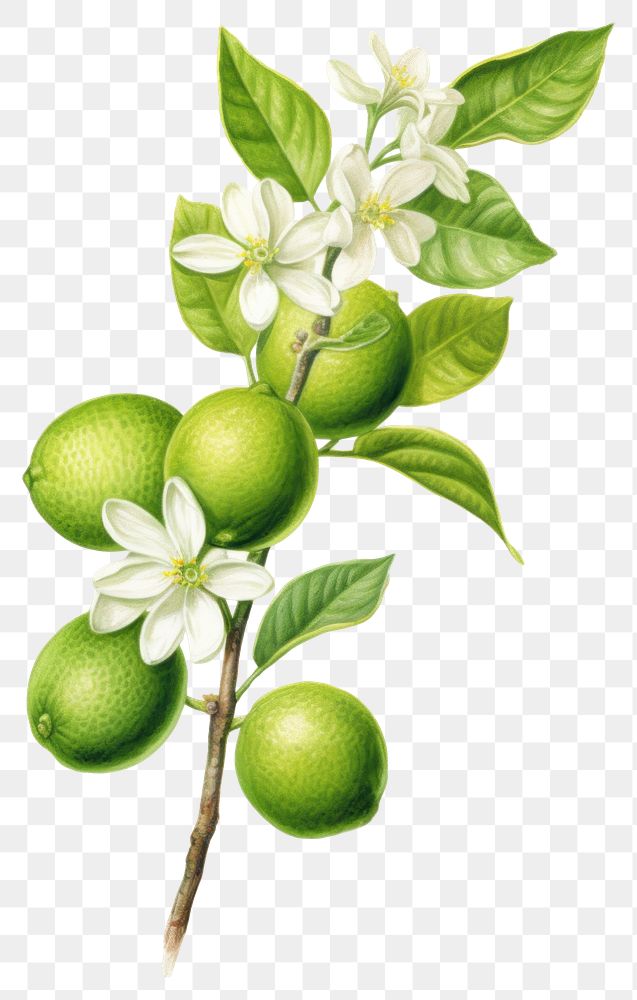 PNG Lime branch with flower green lime illustration botanical flowers.