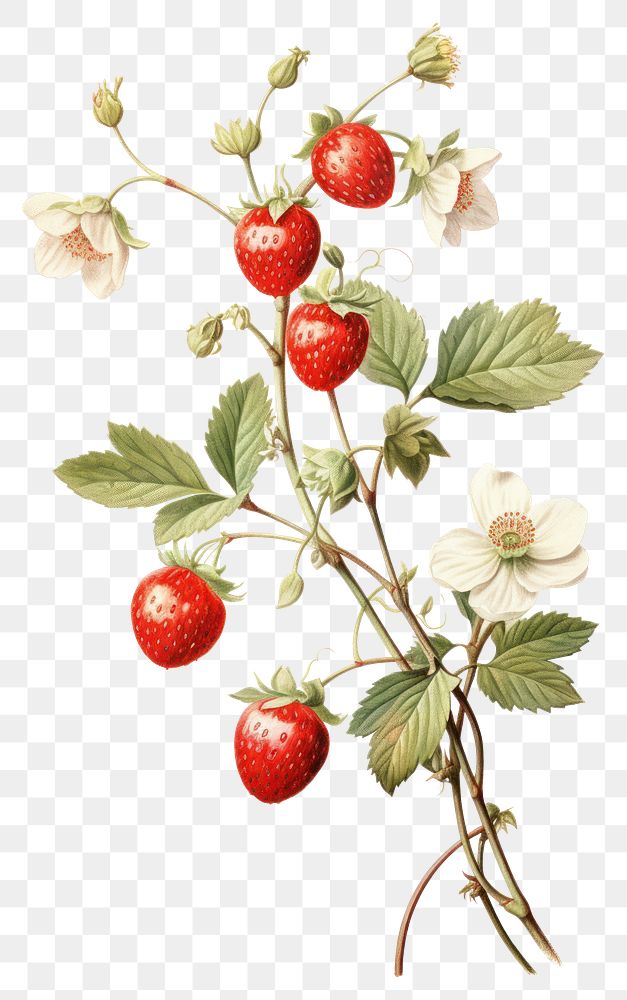 PNG Strawberry Vine branch with flower Olive strawberry illustration botanical.