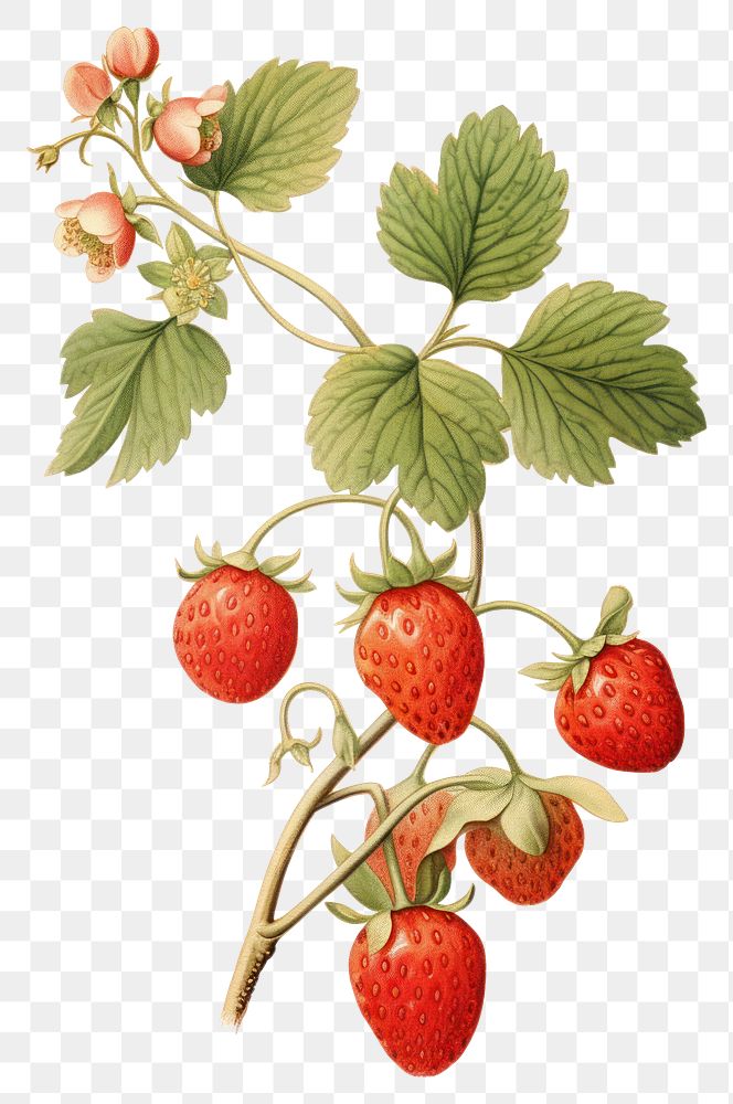 PNG Strawberry Vine branch with flower Olive strawberry fruit illustration.