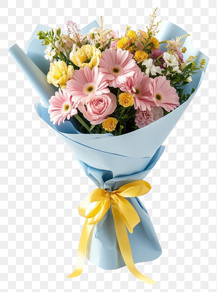 PNG A beautiful bouquet of pink and yellow pastel flowers ribbon blue yellow ribbon.