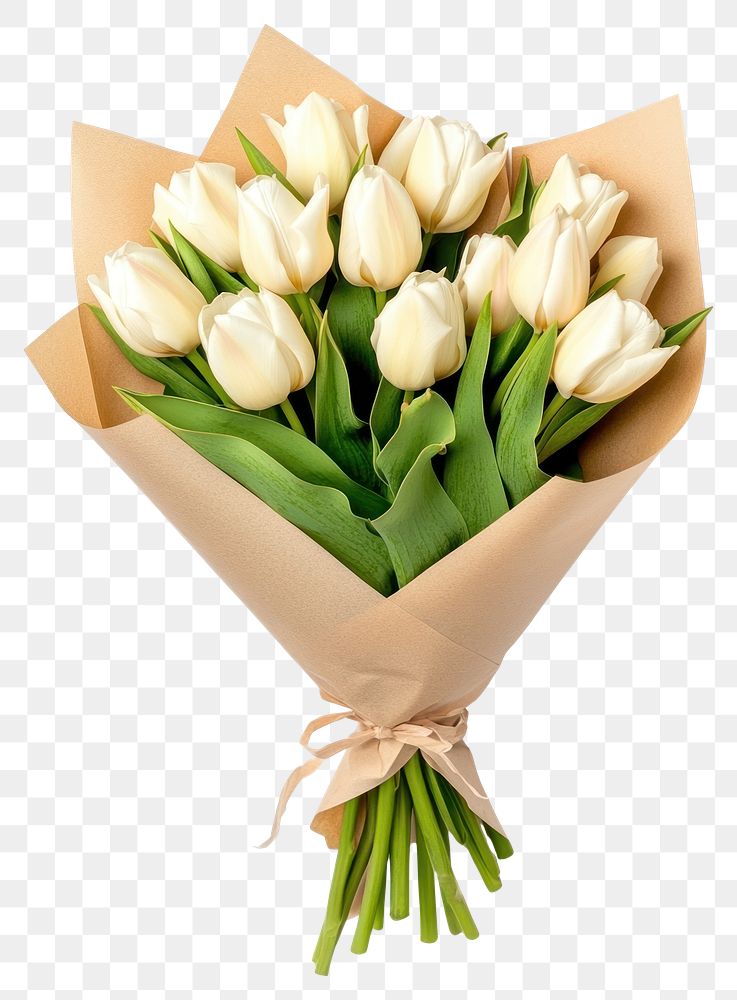 PNG A bouquet of white tulips wrapped in kraft paper flowers arrangement beautiful.