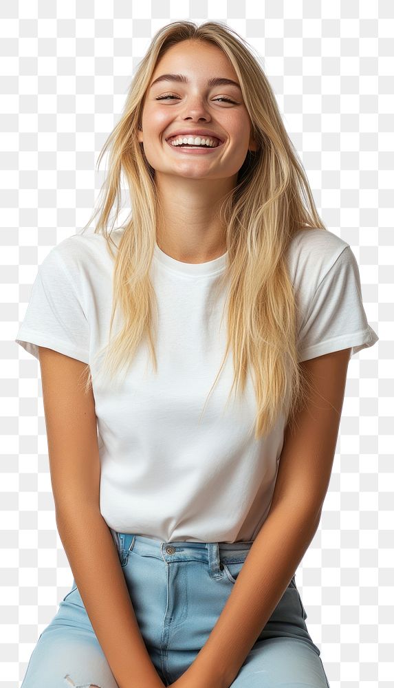 PNG A happy young woman blonde hair in a white t-shirt laughing smile expression clothing.