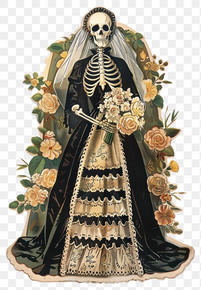 PNG Skeleton in wedding dress illustration skeleton vintage.