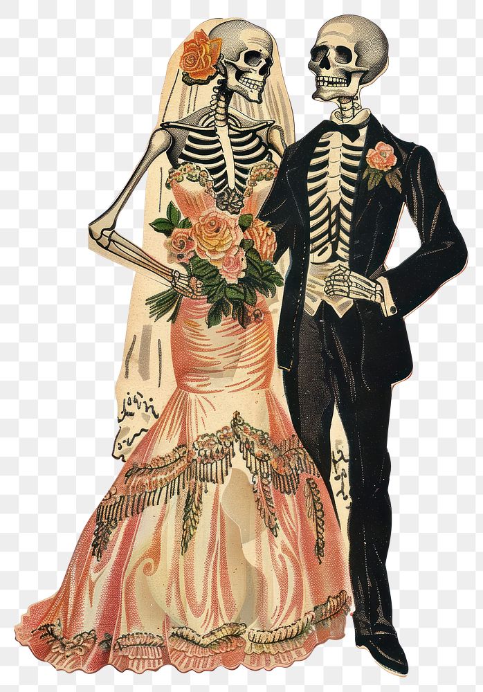 PNG Skeleton in wedding dress skeleton illustration vintage.