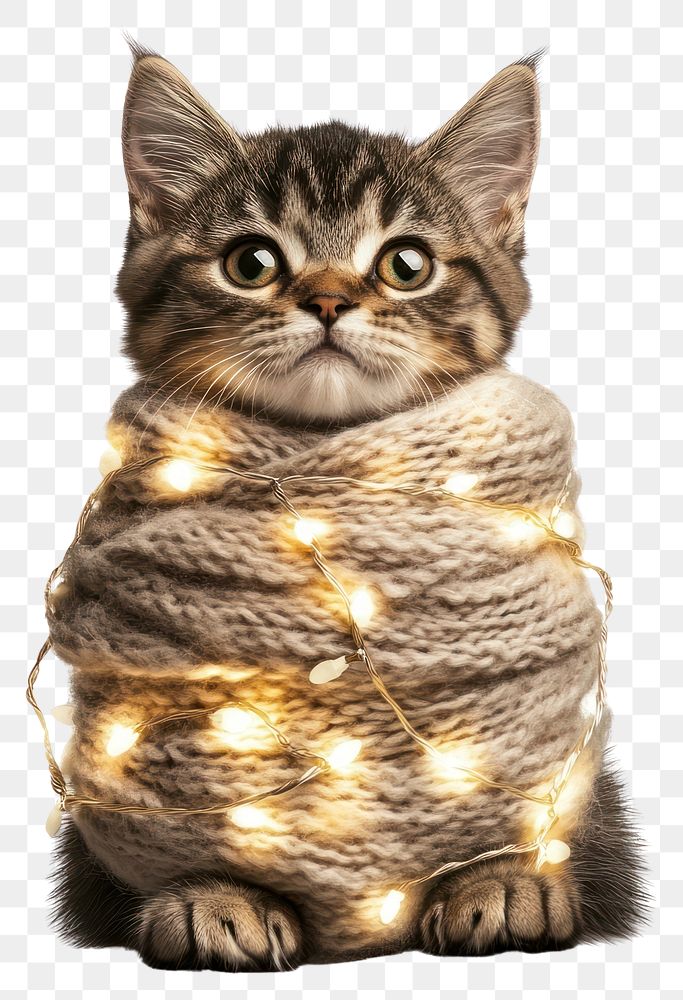 PNG A christmas cat wrapped by christmas decoration light animal kitten lights.