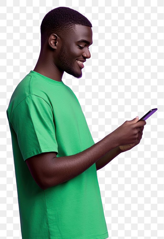 PNG An isolated black man wearing green shirt playing his phone with smile purple photography background.