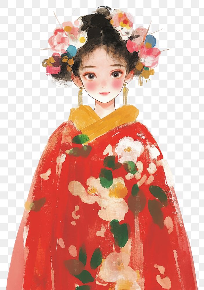 PNG Happy girl in chinese traditional dress illustration portrait colors.