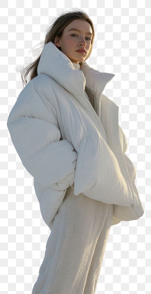 PNG Woman is wearing minimal white winter jacket snow clothing outdoors.