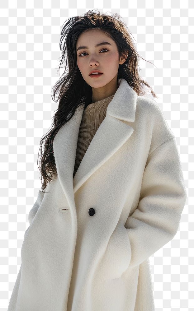 PNG Woman is wearing minimal white oversize wool coat snow portrait outdoors.