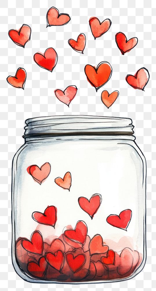 PNG Tiny cute red hearts floating in the air inside an empty jar watercolor illustration container.