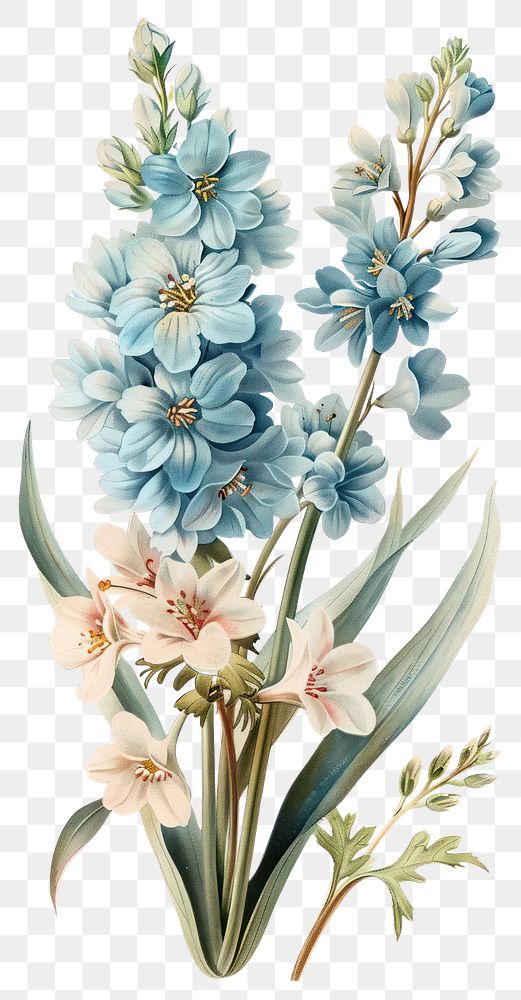 PNG Vintage illustration of blue flowers art botanical painting.